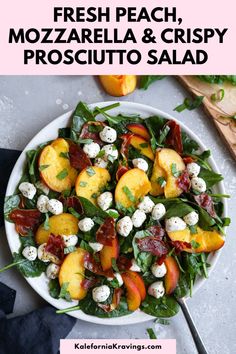 fresh peach, mozzarella and crispy prosciutto salad on a white plate