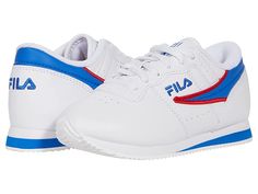 Fila Kids Machu Outline Flag (Toddler/Little Kid/Big Kid) - Kid's Shoes : White/Prince Blue/Fila Red : Keep them moving in comfort and classic athletic style with the FILA Kids Machu Outline Flag sneakers. Athletic sneaker with round-toe silhouette. Lace-up closure for a secure fit. Synthetic upper and cushioned collar and tongue. Textile lining and insole. Durable synthetic outsole. Imported. Measurements: Weight: 5 oz Product measurements were taken using size 13 Little Kid, width M. Please no Athletic Style, Sneakers Athletic, Unisex Shoes, Shoes White, Athletic Fashion, Nike Cortez Sneaker, Athletic Sneakers, Big Kid, Free Kids