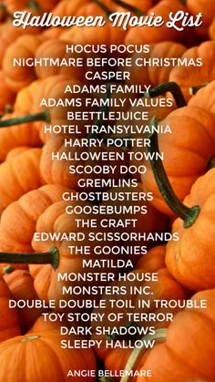 halloween movie list with pumpkins in the background and words below it that read,'halloween movie list '