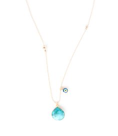 Small gold filled beads, varying in size, shine along this 14k gold filled bead chain. Dangling at the bottom is a faceted turquoise stone and an enamel evil eye charm.  Shown on the model in the Pyrite version. 32 Necklace, Bead Chain, Chain Gold, Turquoise Pendant