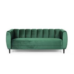 a green velvet sofa with black legs and an armrests, on a white background