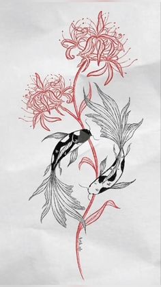 two koi fish and flowers on white paper