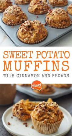 sweet potato muffins with cinnamon and pecans in the middle on a plate