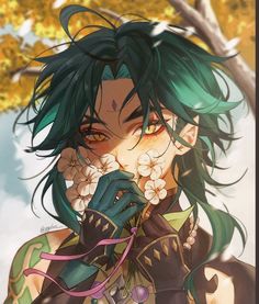 an anime character with green hair and flowers