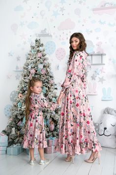 "A set of dresses for mom and daughter. Luxurious silk dresses with floral print. They are incredibly cool. Delicate dresses, at the same time very elegant. The classic style of dresses will always be relevant. Agree, it looks amazing. Indulge yourself with luxurious looks with Family look from Angelove! Shine with Family Look by Angelove! I can sew any size for you. Please choose the print option in the last photo. Milky or pink. Dear friend! We appreciate that you entrusted Angelove to become Mom Dress For Kids Birthday, Mom And Daughter Christmas Dresses, Mom Adult Daughter Matching Dresses, Mom Daughter Matching Dresses Silk, Mother And Daughter Dresses Gowns, Dresses For Mom And Daughter, Mom Daughter Outfits, Mother Daughter Dresses Matching, Mother Daughter Outfits