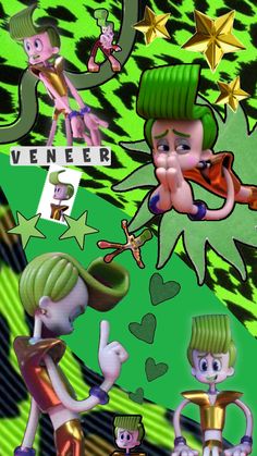 an image of some cartoon characters on a green and black background with the words veneer