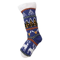 a blue christmas stocking with reindeers on it