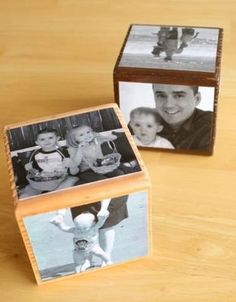 two small wooden blocks with photos on them