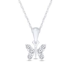 Perfectly petite, this diamond butterfly pendant is as sweet as can be. Fashioned in sterling silver, this adorable look showcases a trio of diamonds sparkling in a wing-shaped design on each side of the sculpted center. Captivating with 1/10 ct. t.w. of diamonds and a bright polished shine, this pendant suspends along an 18.0-inch rope chain that secures with a spring-ring clasp. White Diamond Butterfly Charm Necklace, Silver Butterfly Necklace With Diamond Accents, White Diamond Butterfly Necklace, Diamond Butterfly Necklace With Diamond Accents, Silver Diamond Butterfly Necklace With Charm, Butterfly-shaped White Gold Jewelry With Diamond Accents, White Gold Butterfly Jewelry With Diamond Accents, Silver Diamond Butterfly Necklace, Diamond Butterfly