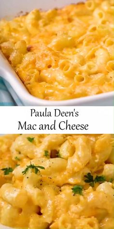 two pictures of macaroni and cheese with parsley