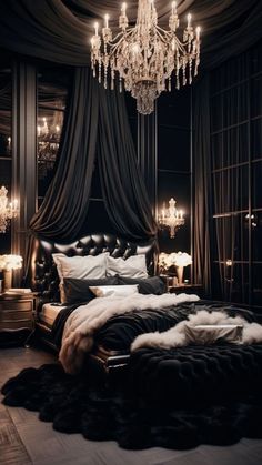 a luxurious bedroom with chandelier, bed and fur rugs on the floor