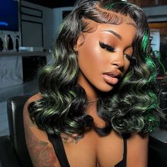 WIGGINS HAIR New Arrival Black Wig With Green Highlights, Loose Body Wave Human Hair Green Highlight Wigs, Hair Stylist Hand-Made Customization, High Quality Colored Lace Front Wigs, Shop Now Green Wig, Green Highlights, Frontal Hairstyles, Pretty Hair Color, Looks Black, Front Lace Wigs Human Hair, Baddie Hairstyles