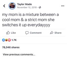 taylor made tweets about her mother's new album, my mom is a mixture between a cool mom and a strict mom she switches it up everyday