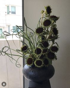 a vase filled with lots of sunflowers on top of a table