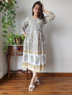 Hand block printed long cotton white dress for women with side pockets . You can wear it casually as well as on an outing. Product details: Fabric - Cotton Cambric Condition - New Side pocket - Yes Length - 44 inch Sleeve length - 3/4 Sizes available - 36 (xs) to 46 (xxl) Maintenance - Dry clean or gentle hand wash separately in cold water. Approx Measurements (inches) For XS Size   Bust- 36, Waist - 33, Hip - 40, Shoulder - 14, Length-44 For S Size Bust- 38, Waist - 35, Hip - 42, Shoulder - 14. White Dress For Women, Cotton White Dress, Women Summer Dress, White Cotton Dress, Dress Knee Length, White Dresses For Women, Dress Cotton, Printed Dress, Dress For Women