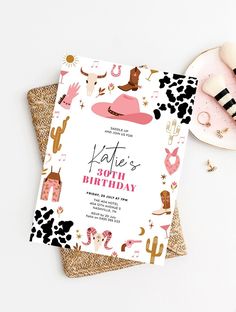 a birthday party with pink, black and gold decorations on it's card that says kate's bouncy birthday