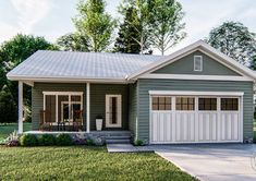 this is a computer rendering of a small house with two car garages on the front