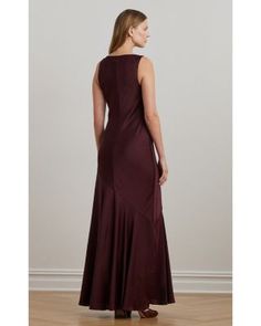 Lauren Ralph Lauren Bow Trim Charmeuse Cowlneck Gown Elegant Ralph Lauren Evening Maxi Dress, Elegant Ralph Lauren Maxi Dress, Elegant Ralph Lauren Wedding Dress, Floor Length Gown, Sleeveless Pullover, Size 8 Dress, Pinot Noir, Flare Skirt, Lauren Ralph Lauren