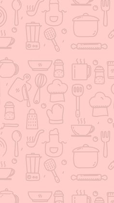 a pink background with kitchen utensils on it