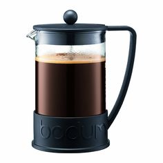 bodum french press coffee maker with glass carafe and black lid, on white background