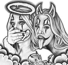 a drawing of two women sticking their tongues out in the clouds with an angel above them