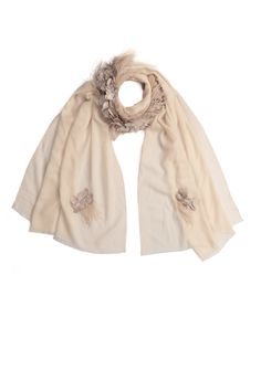 This stunning beige scarf is woven from a very fine cashmere. The uniqueness of this scarf is a stunning collar made from a combination of a tonal beige satin leaves and feathers making it a must-have Maneesha Ruia signature creation that will make heads turn whilst keeping you fashionably warm on any evening out. Luxury Beige Scarf For Fall, Elegant Silk Shawl For Winter, Elegant Beige Wool Scarf, Elegant Cashmere Shawl, Beige Pashmina Shawl Scarf, Beige Pashmina Scarf For Wedding, Elegant Cream Scarves For Fall, Elegant Beige Shawl For Spring, Elegant Silk Shawl Scarf For Fall