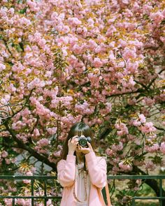 a woman taking a photo with her camera in front of a tree full of pink flowers