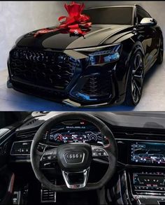 the interior and dashboard of an audi car with a red bow on it's hood