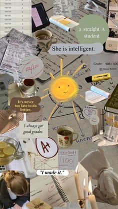 a collage of images with words and pictures on them that include books, papers, pens, candles, cups, and other things