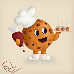 a cookie character holding a tray with cookies on it