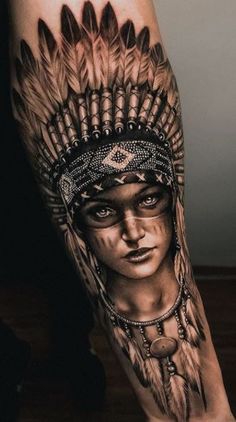 Native American Warrior Tattoos, Indian Headdress Tattoo, Indian Women Tattoo, Native Indian Tattoos, Indian Girl Tattoos, Native American Tattoo Designs, Indian Tattoo Design, Headdress Tattoo, American Indian Tattoos