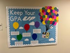 a bulletin board with colorful balloons on it and words written below the balloon are labeled keep your gap