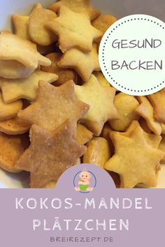 some kind of star shaped cookies in a bowl with the words gesud backen