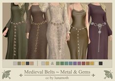 four different colored dresses with chains and beads on the neck, one in brown, one in green