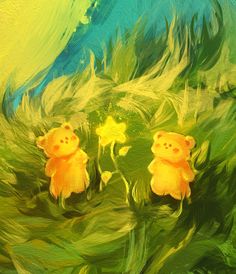 two teddy bears sitting in the grass with yellow flowers on it's back ground