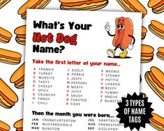 a hot dog poster with the words what's your hot dog name?