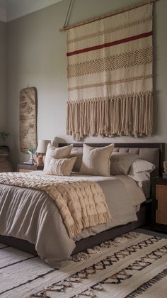 a large bed sitting in a bedroom next to a wall mounted tapestry on the wall