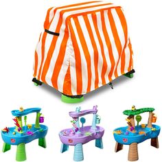 children's play table and bench cover set up in four different colors with matching accessories