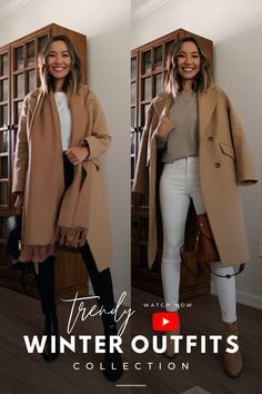 a woman standing in front of a bookcase wearing a tan coat and white pants