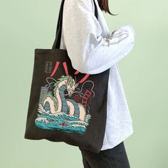 Spirited Away Tote Bag Black Rectangular Bags With Character Print, Black Rectangular Bag With Anime Print, Casual Bags With Character Print For Daily Use, Harajuku Style Bags With Anime Print For Daily Use, Black School Bags With Anime Print, Casual Black Bags With Graphic Design, Casual Black Bag With Character Print, Casual Black Bags With Character Print, Black Graphic Print Shoulder Bag For Daily Use