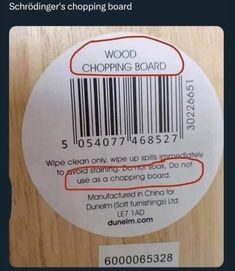 a barcode sticker that is on the side of a wooden door with text reading, wood chopping board