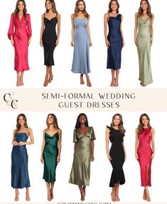 six different types of formal wedding guest dresses for the bride and groom to wear in their own colors