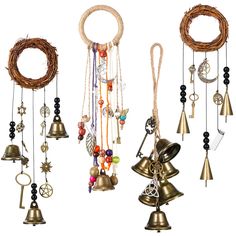 several bells hanging from the ceiling and some are decorated with beads, chains, and other items