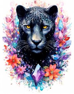 a painting of a black leopard surrounded by flowers and crystals with the eyes glowing brightly