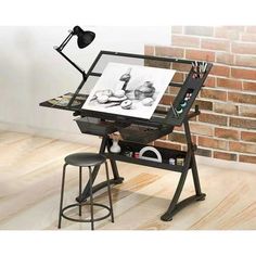 Adjustable Drafting Table Craft Station Glass Drawing table art Desk Size: Art Desk size: 40.15''*23.62''*25.01''-35.82''.  Color: Black.