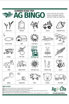 the summer road trip ag bingo game is shown in black and white with green lettering