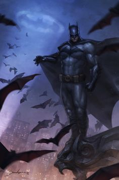 a batman standing on top of a hill with bats in the sky behind him,