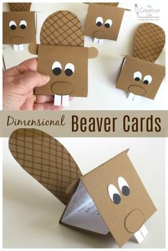 some brown paper bags with eyes and nose on them that are made to look like beaver cards