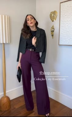 Purple Corporate Attire, Purple Work Pants Outfit, Purple Wide Leg Jeans Outfit, Business Casual Outfits Purple, Purple Dress Pants Outfits, Dark Purple Combination Outfit, Purple Business Casual, Formal Purple Outfit, Styling Purple Pants