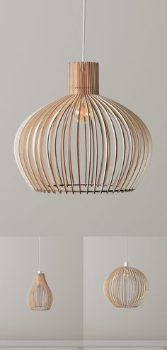 three different types of light fixtures hanging from the ceiling, one is made out of wood and